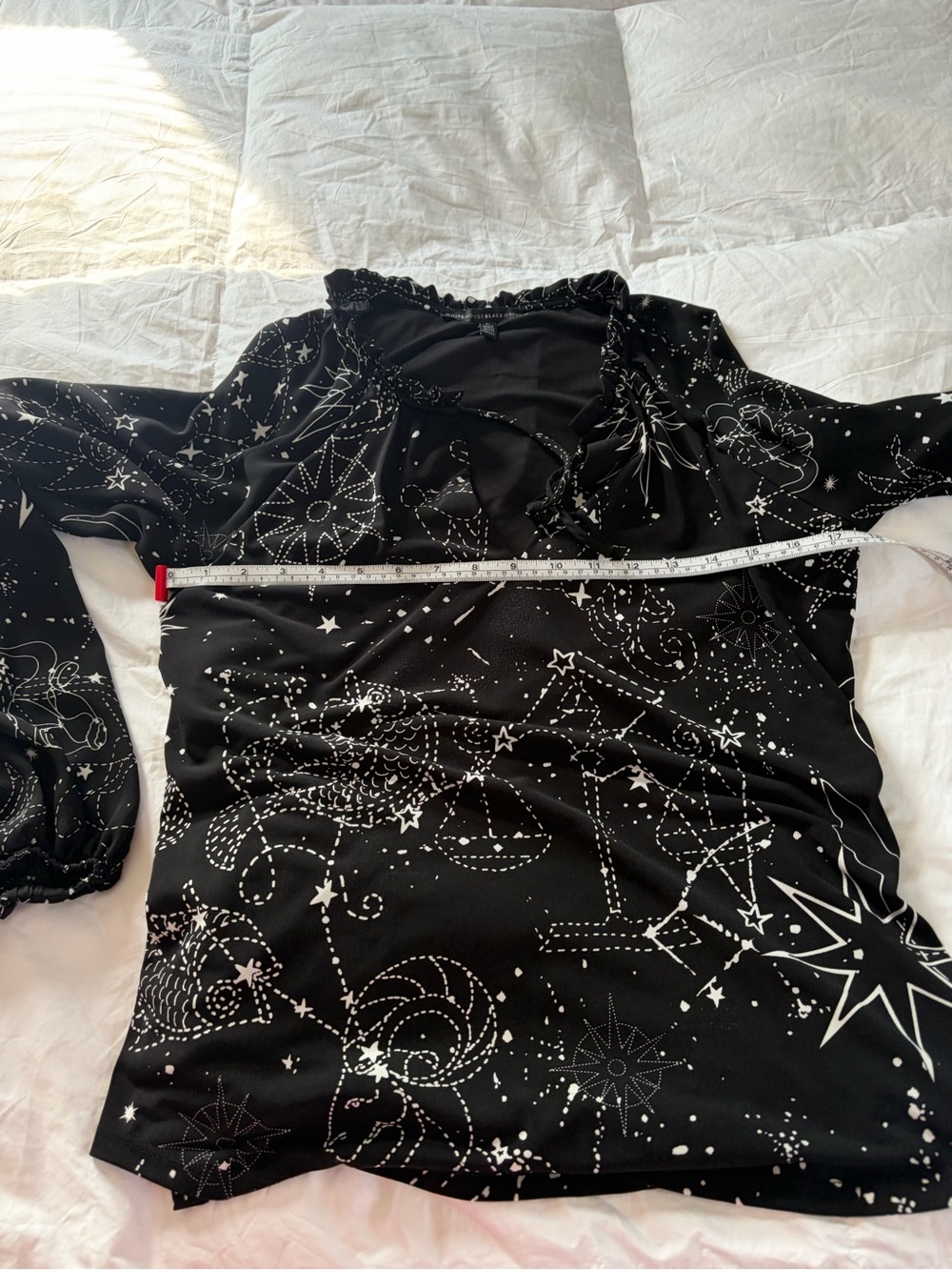 White House Black Market Black Celestial Print Ruffle-Neck Long Sleeve Top - Picture 5 of 7
